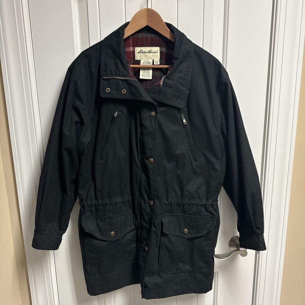 VTG Eddie Bauer Small Jacket Women Black Chore Barn Sanfodized Wool Lined 90s